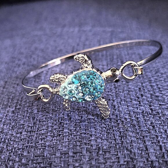 Sea Turtle Thin Wire Bangle/Hook Bracelet/Aqua Turquoise/Ocean Jewelry/NWT - Picture 4 of 9